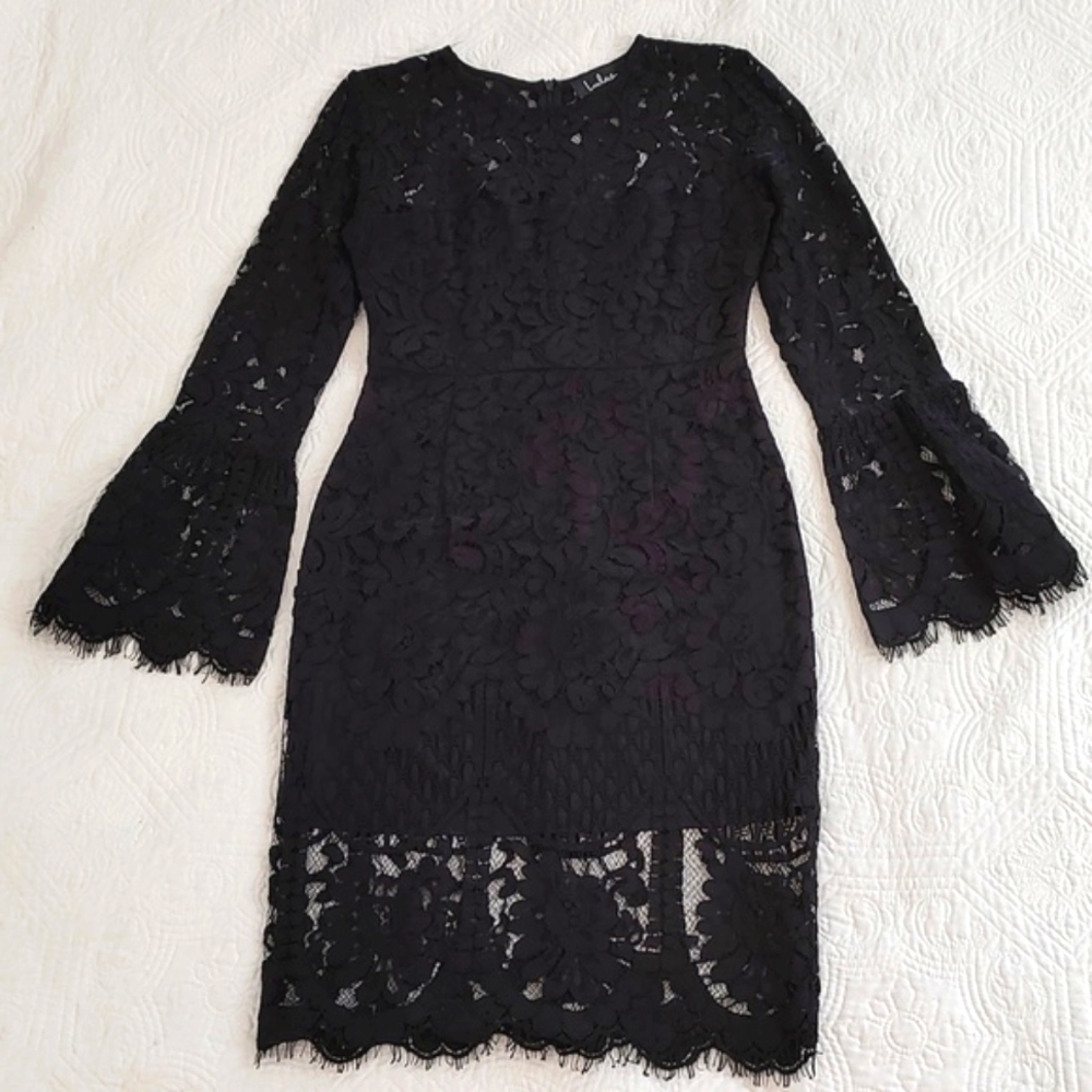 Lulus Black Floral Lace Long Sleeve Midi Dress/ Size S